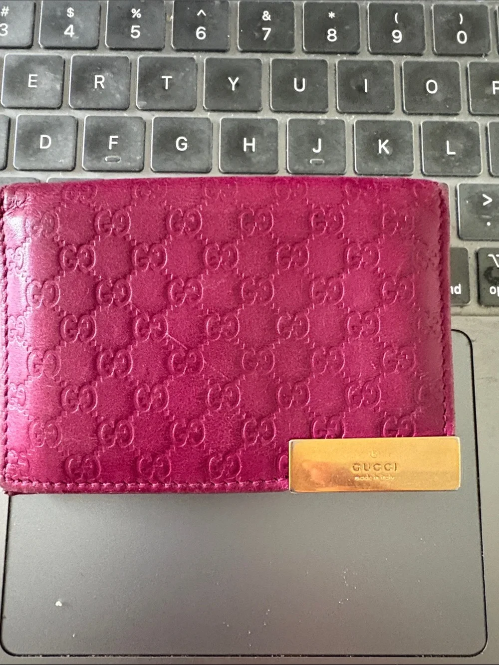 Gucci Plum Embossed GG Leather Card Wallet with Gold Plaque